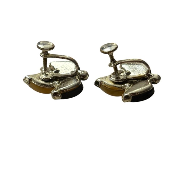 Green & Cream Thermoset Plastic‎ Screw Back Earrings Silver Tone MCM Vintage - Picture 7 of 10